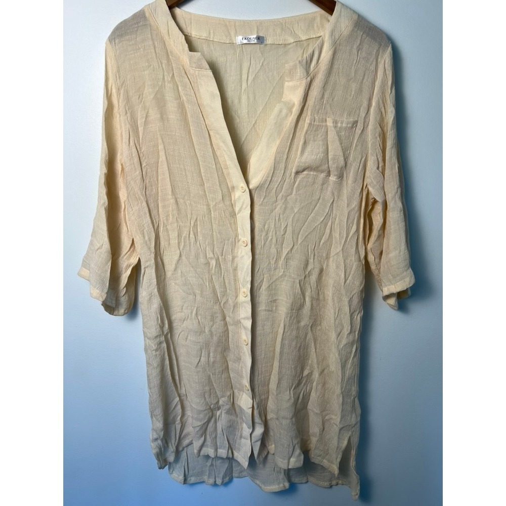 Ekouaer Beach Cover Up Wm L Beige Button Down V-Neck Crinkle Shirt‎ Beach Cruise